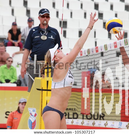 MOSCOW, RUSSIA - JUNE 8: Vasina-Vozakova, Russia against Madelein Meppelink (pictured) and Sophie van Gestel, Netherlands, during Beach Volleyball Swatch World Tour in Moscow, Russia at June 8, 2012