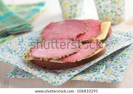 Sandwiches with salami and cheese on a paper plate