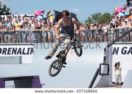 MOSCOW, RUSSIA - JULY 8: Boris Galas, Russia, in BMX competitions during Adrenalin Games in Moscow, Russia on July 8, 2012
