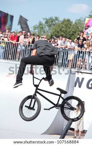 MOSCOW, RUSSIA - JULY 8: Garrett Reynolds, USA, in BMX competitions during Adrenalin Games in Moscow, Russia on July 8, 2012