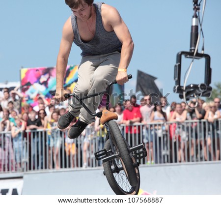 MOSCOW, RUSSIA - JULY 8: Boris Galas, Russia, in BMX competitions during Adrenalin Games in Moscow, Russia on July 8, 2012