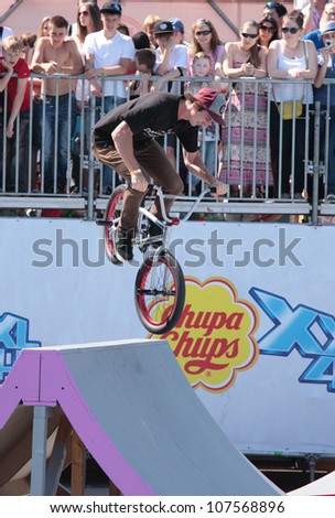 MOSCOW, RUSSIA - JULY 8: Christian Rigal, USA, in BMX competitions during Adrenalin Games in Moscow, Russia on July 8, 2012
