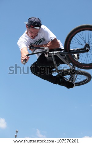 MOSCOW, RUSSIA - JULY 8: Nikita Zharkov, Russia, in BMX competitions during Adrenalin Games in Moscow, Russia on July 8, 2012