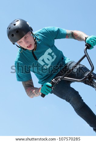 MOSCOW, RUSSIA - JULY 8: Pavel Terentiev, Russia, in BMX competitions during Adrenalin Games in Moscow, Russia on July 8, 2012