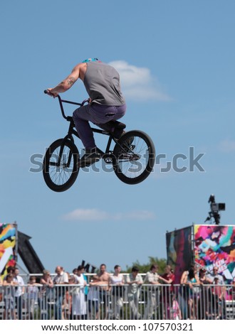 MOSCOW, RUSSIA - JULY 8: Maxim Novoselov, Russia, in BMX competitions during Adrenalin Games in Moscow, Russia on July 8, 2012