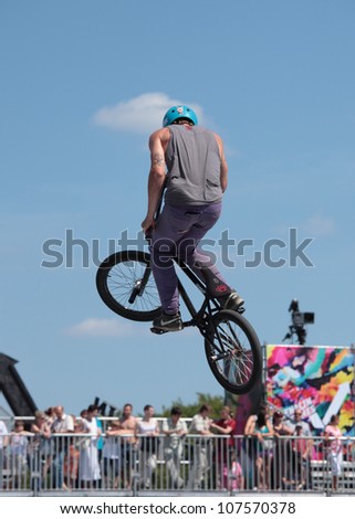 MOSCOW, RUSSIA - JULY 8: Maxim Novoselov, Russia, in BMX competitions during Adrenalin Games in Moscow, Russia on July 8, 2012