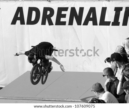 MOSCOW, RUSSIA - JULY 8: Maxim Chuprina, Russia, in BMX competitions during Adrenalin Games in Moscow, Russia at July 8, 2012