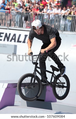 MOSCOW, RUSSIA - JULY 8: Garrett Reynolds, USA, in BMX competitions during Adrenalin Games in Moscow, Russia at July 8, 2012