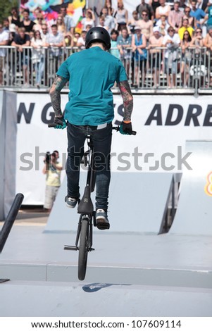 MOSCOW, RUSSIA - JULY 8: Pavel Terentiev, Russia, in BMX competitions during Adrenalin Games in Moscow, Russia at July 8, 2012