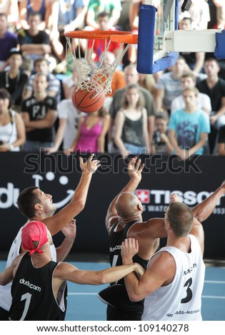 MOSCOW, RUSSIA - JULY 28: Match DTI, Russia vs Olimp, Serbia during International Street Basketball Cup 