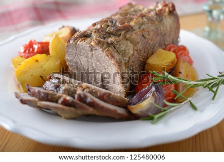 Roast beef with baked vegetables on a plate
