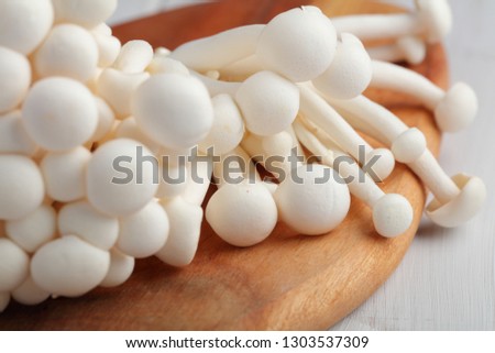 Bunch of raw Shimeji mushrooms also known as white beech mushrooms on a wooden cutting board
