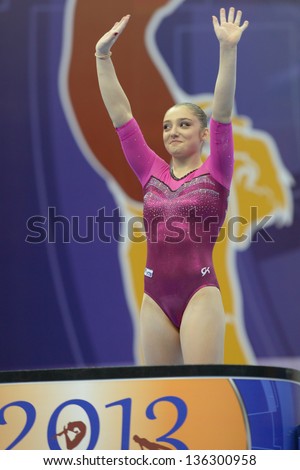 MOSCOW, RUSSIA - APRIL 20: Aliya Mustafina, Russia win the gold medal on uneven bars during 5th European Championships in Artistic Gymnastics in Moscow, Russia on April 20, 2013