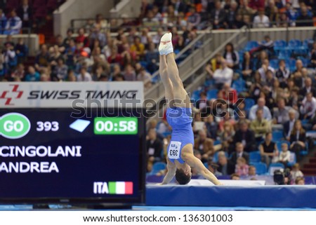 MOSCOW, RUSSIA - APRIL 20: Andrea Cingolani, Italy performs the floor exercise in the final of 5th European Championships in Artistic Gymnastics in Moscow, Russia on April 20, 2013