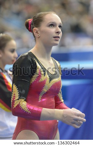 MOSCOW, RUSSIA - APRIL 20: Sophie Scheder, Germany waits her results on uneven bars in final of 5th European Championships in Artistic Gymnastics in Moscow, Russia on April 20, 2013