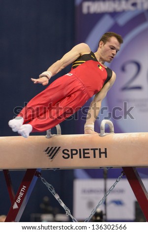 MOSCOW, RUSSIA - APRIL 20: Donna Donny Truyens, Belgium performs exercise on pommel horse in final of 5th European Championships in Artistic Gymnastics in Moscow, Russia on April 20, 2013