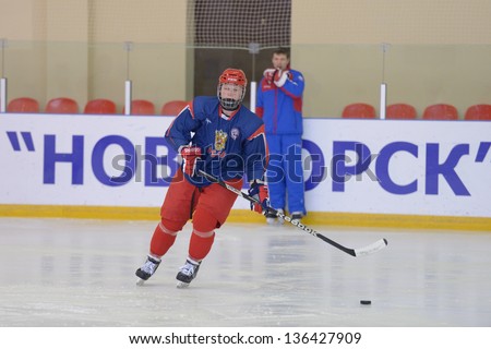 NOVOGORSK, RUSSIA - APRIL 12: Players of men's national junior ice hokey team during open training in Novogorsk training center, Moscow region, Russia on April 12, 2013