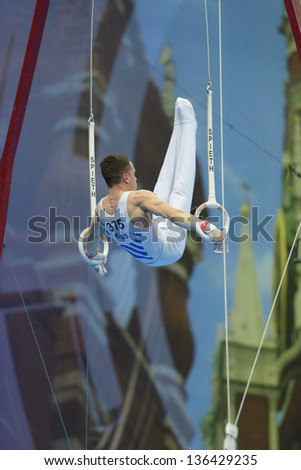 MOSCOW, RUSSIA - APRIL 20: Eleftherios Petrounias, Greece finished exercise on still rings in final of 5th European Championships in Artistic Gymnastics in Moscow, Russia on April 20, 2013