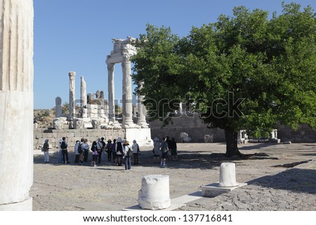 BERGAMA, TURKEY - AUGUST 16: Tourists in the ancient city of Pergamon, now Bergama, Turkey on August 16, 2011