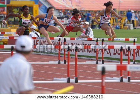 DONETSK, UKRAINE - JULY 11: Girls compete in semi-final of 100 m hurdles during 8th IAAF World Youth Championships in Donetsk, Ukraine on July 11, 2013