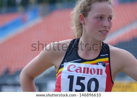DONETSK, UKRAINE - JULY 13: Noor Vidts of Belgium competes in the javelin throw in Heptathlon girls during 8th IAAF World Youth Championships in Donetsk, Ukraine on July 13, 2013