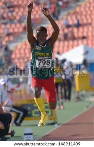 DONETSK, UKRAINE - JULY 12: Dave Pika of Surinam compete in triple jump during 8th IAAF World Youth Championships in Donetsk, Ukraine on July 12, 2013