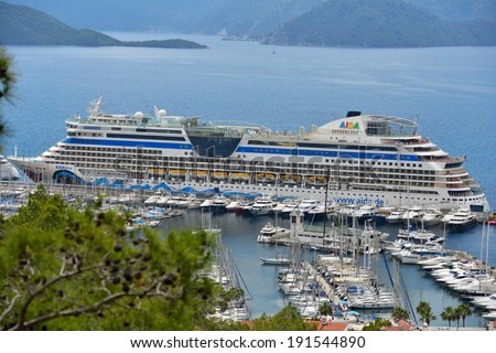 MARMARIS, TURKEY - MAY 1, 2014: Cruise ship AIDAdiva in the port of Marmaris. AIDA ships cater to the German-speaking market, and has 94% average guests satisfaction rate