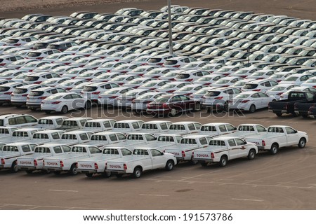 AQABA, JORDAN - MARCH 14, 2014: New cars on the holding yard. Hyundai and Toyota keep the leading position on the Jordanian new car market