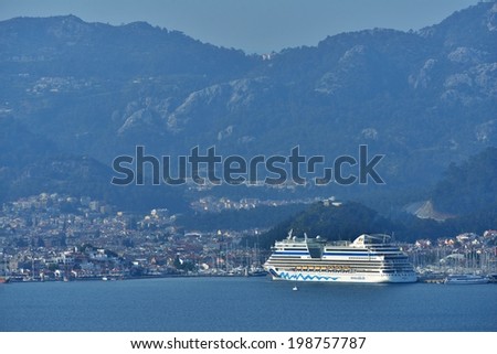 MARMARIS, TURKEY - APRIL 3, 2014: Cruise ship AIDAdiva in the port of Marmaris. AIDA ships cater to the German-speaking market, and has 94% average guests satisfaction rate