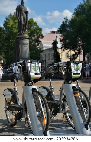MOSCOW, RUSSIA - JULY 1, 2014: New bike rental system sponsored by Sberbank. The project aimed to create alternative to a car or public transport for the short-distance trips