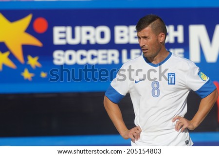 MOSCOW, RUSSIA - JULY 13, 2014: Theofilos Triantafyllidis of Greece in the match with Belarus during Moscow stage of Euro Beach Soccer League. Belarus won 6-5