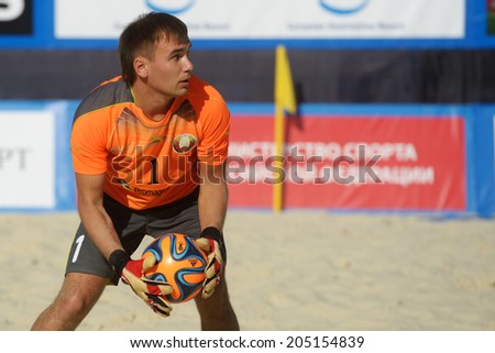 MOSCOW, RUSSIA - JULY 13, 2014: Goalkeeper Valery Makarevich of Belarus in the match with Greece during Moscow stage of Euro Beach Soccer League. Belarus won 6:5