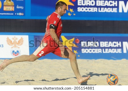 MOSCOW, RUSSIA - JULY 13, 2014: Belarus team captain Vadzim Bokach in the match with Greece during Moscow stage of Euro Beach Soccer League. Belarus won 6-5