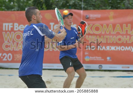 MOSCOW, RUSSIA - JULY 17, 2014: Men team Israel in the match with Lithuania during ITF Beach Tennis World Team Championship. Lithuania won the round