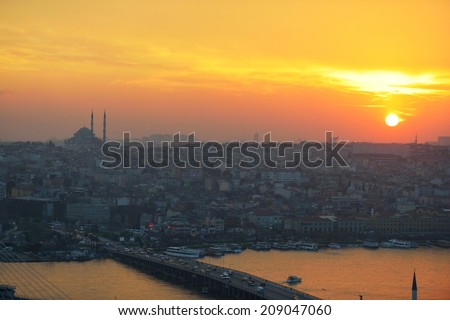 Sunset over Istanbul city and Golden Horn bay