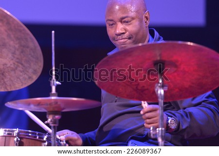 NOVOSIBIRSK, RUSSIA - OCTOBER 23, 2014: American jazz fusion drummer Lenny White during the sound check on Sib Jazz Fest. The festival will run till October 25