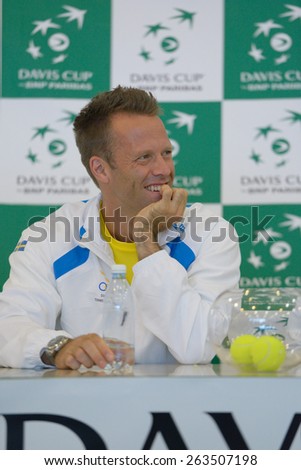 DNEPROPETROVSK, UKRAINE - APRIL 4, 2013: Robert Lindstedt, Sweden on press conference before Davis Cup match Ukraine vs Sweden. Ukraine won the match 3-2