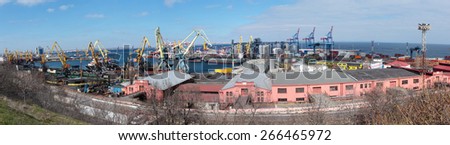 ODESSA, UKRAINE - MARCH 25, 2015: Panoramic view of commercial seaport. Founded in 1794, now it is the largest port in Ukraine and third one in the Black sea by freight turnover