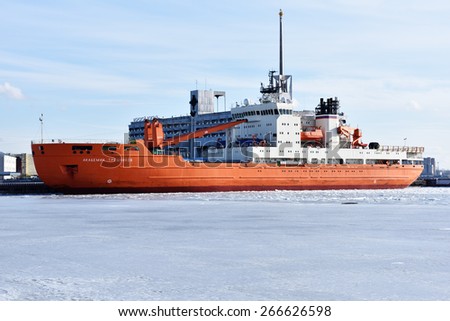 ST. PETERSBURG, RUSSIA - MARCH 6, 2015: Research vessel Akedemik Treshnikov anchored in the port. Built in 2012, the vessel is intended to support the activity of the Russian Antarctic expedition