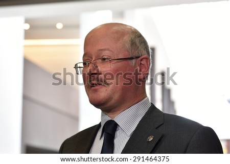 ST. PETERSBURG, RUSSIA - JUNE 24, 2015: Vice president of Russian Geographical Society Kirill Chistyakov on the opening ceremony of exhibition \