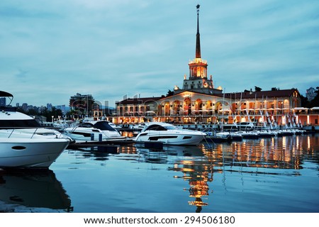 SOCHI, RUSSIA - MAY 16, 2015: Night view to the Grand Marina in the seaport. Premium class yacht marina can accept 209 boats