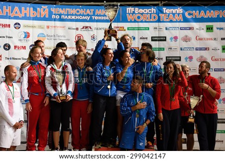 MOSCOW, RUSSIA - JULY 19, 2015: Award ceremony of the Beach Tennis World Team Championship. Italy become world champion, Russia won silver, and Spain got bronze