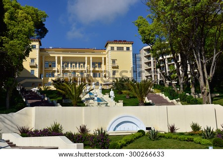 SOCHI, RUSSIA - MAY 17, 2015: Building and staircase of Swissotel Resort Sochi Kamelia viewed from the sea. The resort is opened in 2013 on the place of Soviet time Kamelia resort