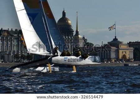 ST. PETERSBURG, RUSSIA - AUGUST 20, 2015: Catamaran of SAP Extreme Sailing Team of Denmark during 1st day of St. Petersburg stage of Extreme Sailing Series. Red Bull Sailing Team won the day