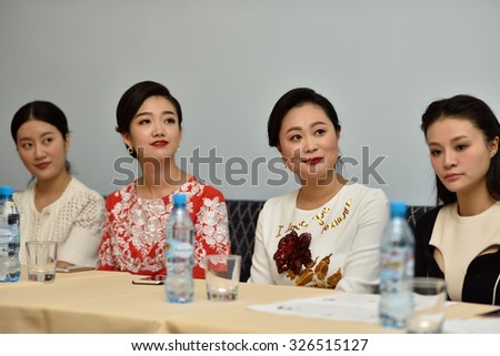 ST. PETERSBURG, RUSSIA - OCTOBER 6, 2015: Liu Chan (center) and soloists of Star Sopranos of China on the press conference in Philharmonic Hall. The event is part of the Festival of Chinese music