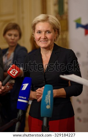 ST. PETERSBURG, RUSSIA - SEPTEMBER 25, 2015: Deputy Prime Minister Olga Golodets talks with press after the meeting of the organizing committee of the St. Petersburg international cultural forum