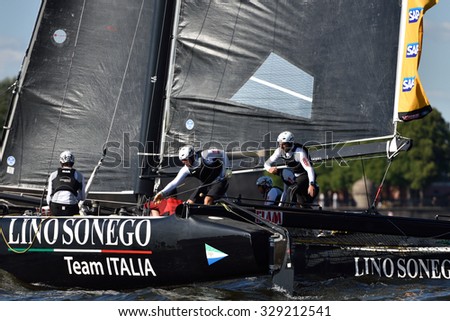 ST. PETERSBURG, RUSSIA - AUGUST 20, 2015: Catamaran of Lino Sonego Team Italia of Italy during the 1st day of St. Petersburg stage of Extreme Sailing Series. Red Bull Sailing Team, Austria won the day