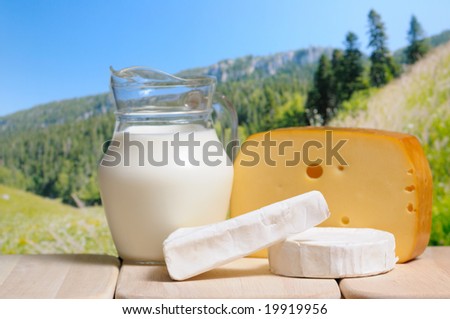 Milk jug and cheese against a mountains in background