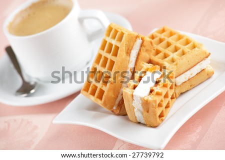 Breakfast with wafers, coffee, and juice