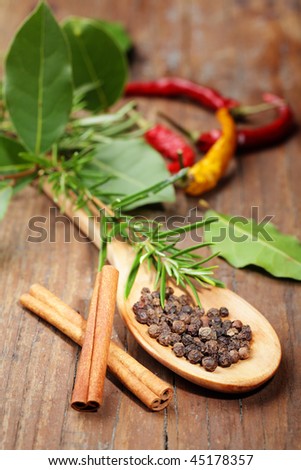 Pepper in wooden spoon, cinnamon sticks, branch of bay leaf, chilli pepper and rosemary
